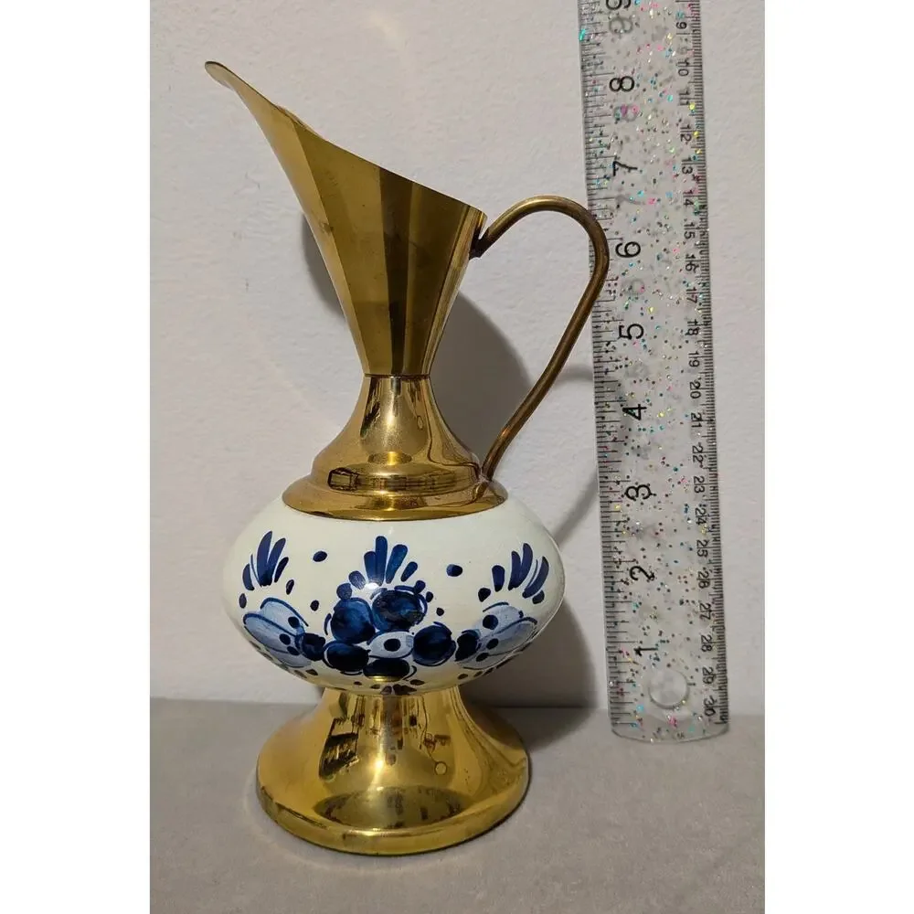 Vintage Blue Floral Delftware Brass Porcelain Pitcher Vase Holland Model # 2285